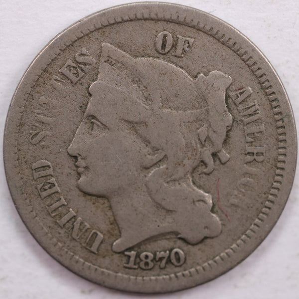 1870 3-Cent Copper Nickel, Very Good Circulated Coin, Store #3C002