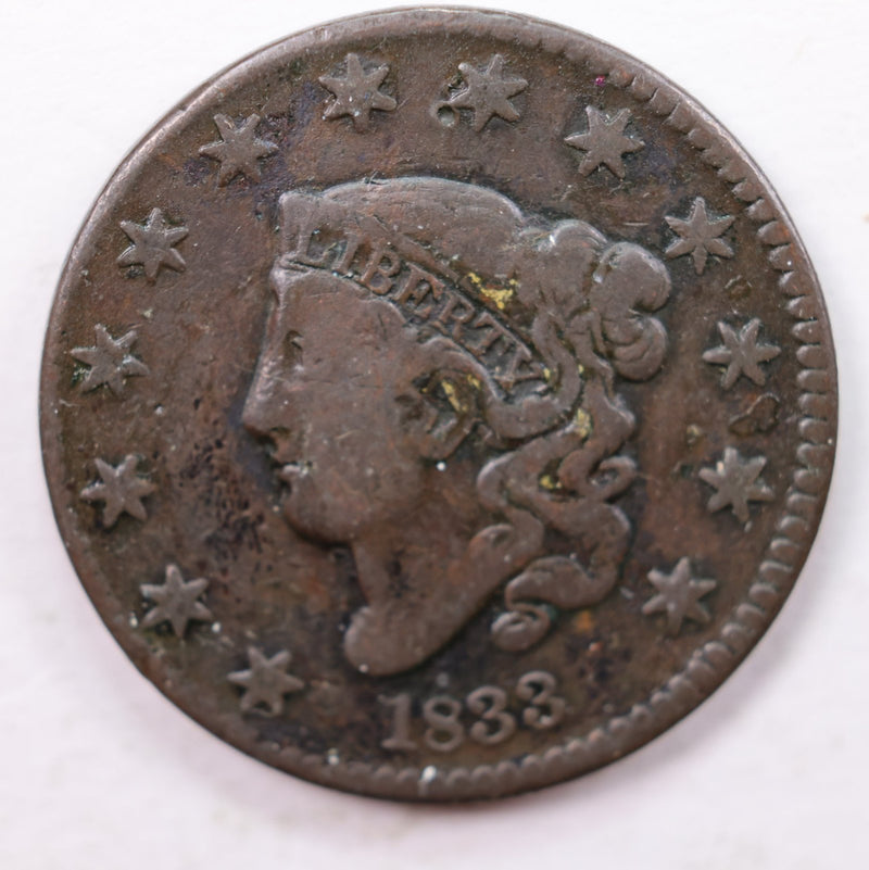 1833 Matron Head., Large Cent., Fine+., Circulated Coin., Store Sale