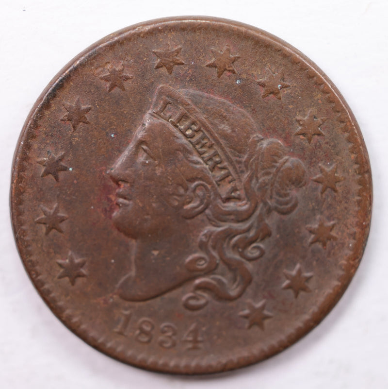 1834 Matron Head., Large Cent., Very Fine+., Circulated Coin., Store Sale