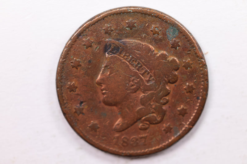 1837 Matron Head., Large Cent., Very Good Details., Circulated Coin., Store Sale