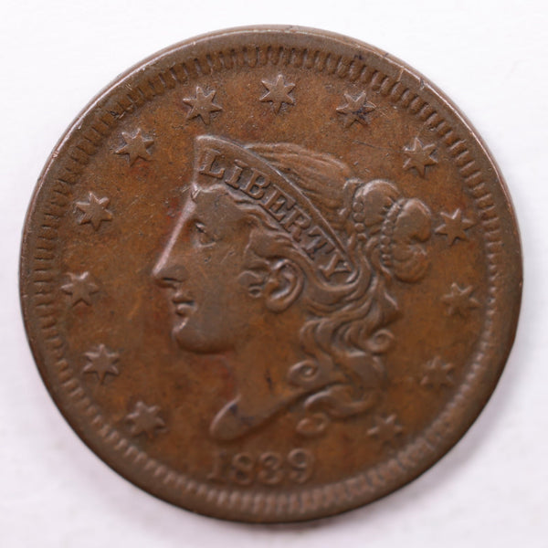 1839 Matron Head., Large Cent., Very Fine Circulated Coin., Store Sale #CT0036