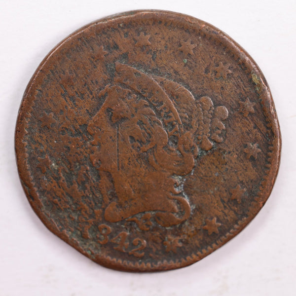 1842 Braided Hair., Large Cent., Very Good Details Circulated Coin., Store Sale #CT0037