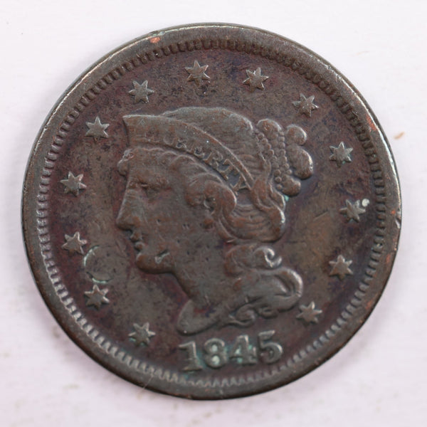 1845 Braided Hair., Large Cent., Fine Circulated Coin., Store Sale #CT0038