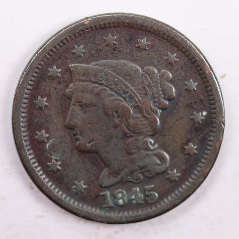 1845 Braided Hair., Large Cent., Fine Circulated Coin., Store Sale