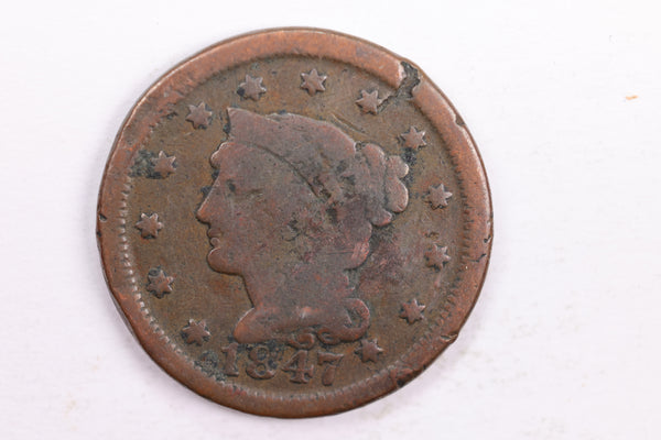 1847 Braided Hair., Large Cent., Very Good Detail., Circulated Coin., Store Sale #CT0043