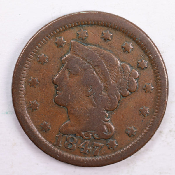 1847 Braided Hair., Large Cent., Fine Circulated Coin., Store Sale #CT0047