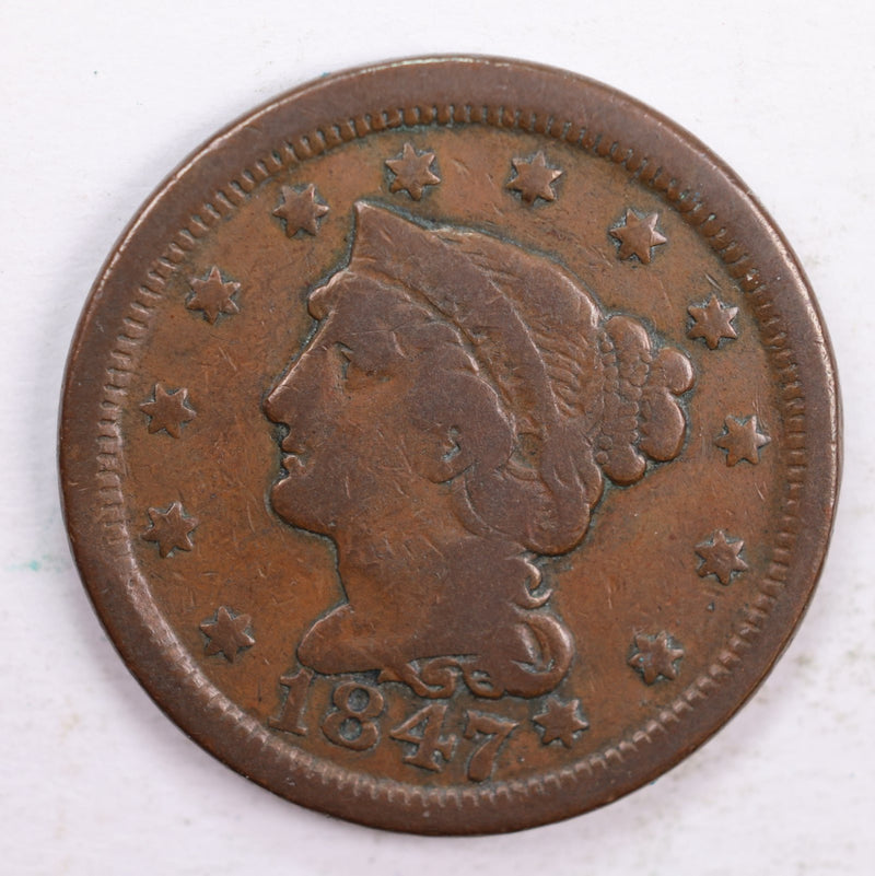 1847 Braided Hair., Large Cent., Fine Circulated Coin., Store Sale