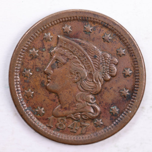 1847 Braided Hair., Large Cent., Extra Fine Circulated Coin., Store Sale #CT0150