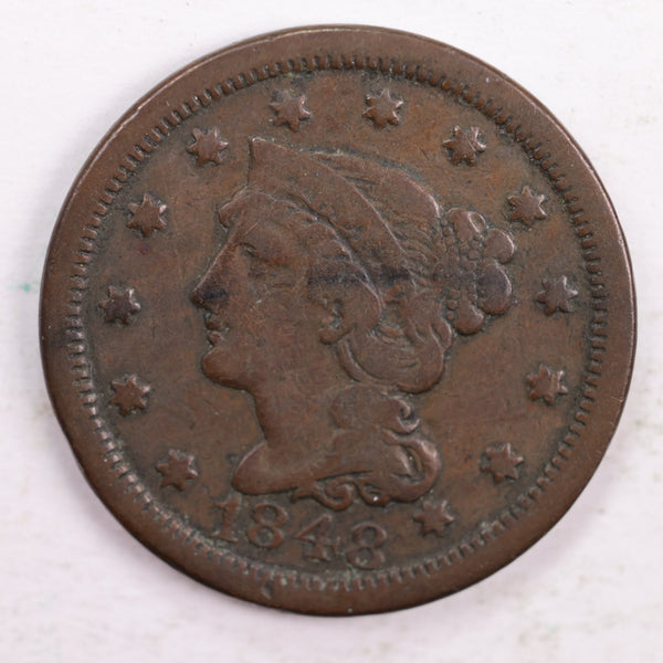 1848 Braided Hair., Large Cent., Very Good Circulated Coin., Store Sale #CT0151