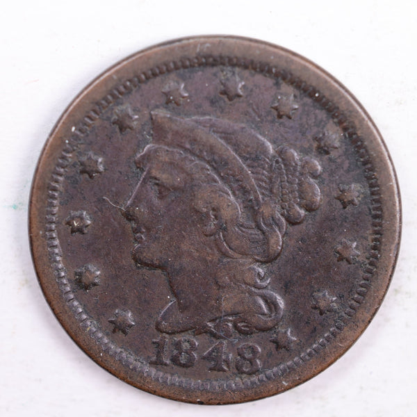 1848 Braided Hair., Large Cent., Fine Circulated Coin., Store Sale #CT0049