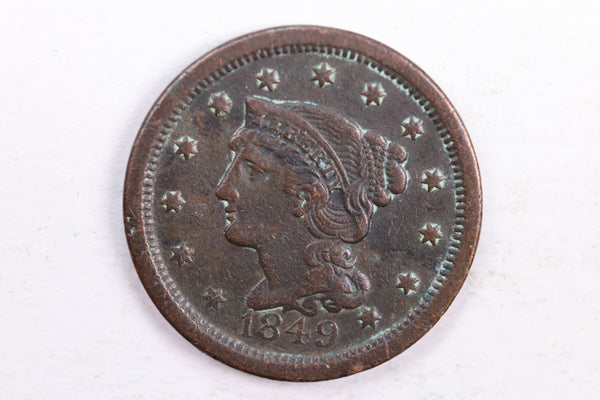 1849 Braided Hair., Large Cent., Very Fine Details., Circulated Coin., Store Sale #CT0050