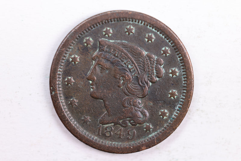 1849 Braided Hair., Large Cent., Very Fine Details., Circulated Coin., Store Sale