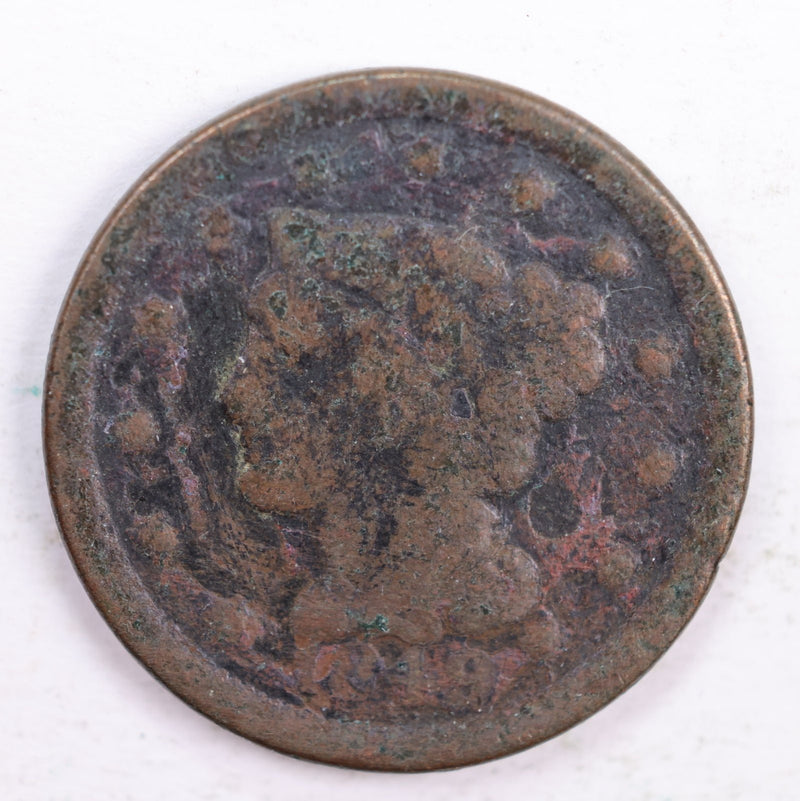 1849 Braided Hair., Large Cent., Good Details Circulated Coin., Store Sale