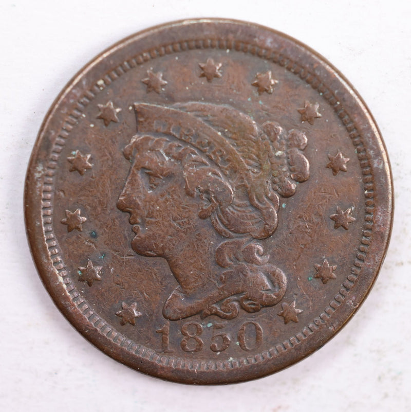 1850 Braided Hair., Large Cent., Fine Circulated Coin., Store Sale