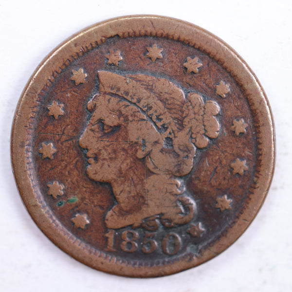 1850 Braided Hair., Large Cent., Very Good Circulated Coin., Store Sale #CT0157