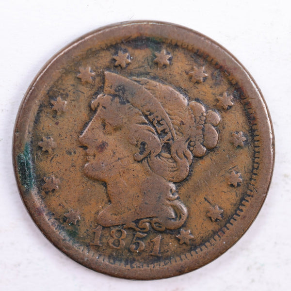 1851 Braided Hair., Large Cent., Very Good Circulated Coin., Store Sale #CT0158