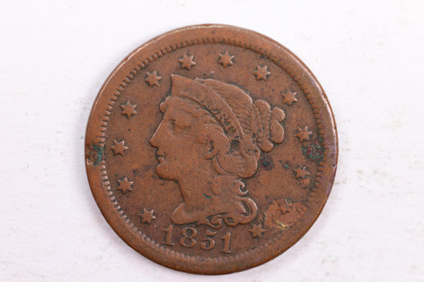 1851 Braided Hair., Large Cent., Fine Circulated Coin., Store Sale #CT0159