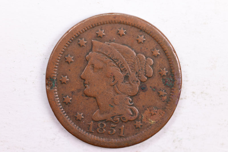 1851 Braided Hair., Large Cent., Fine Circulated Coin., Store Sale