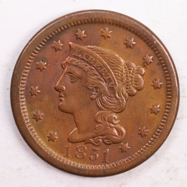 1851 Braided Hair., Large Cent., Extra Fine Circulated Coin., Store Sale #CT0160