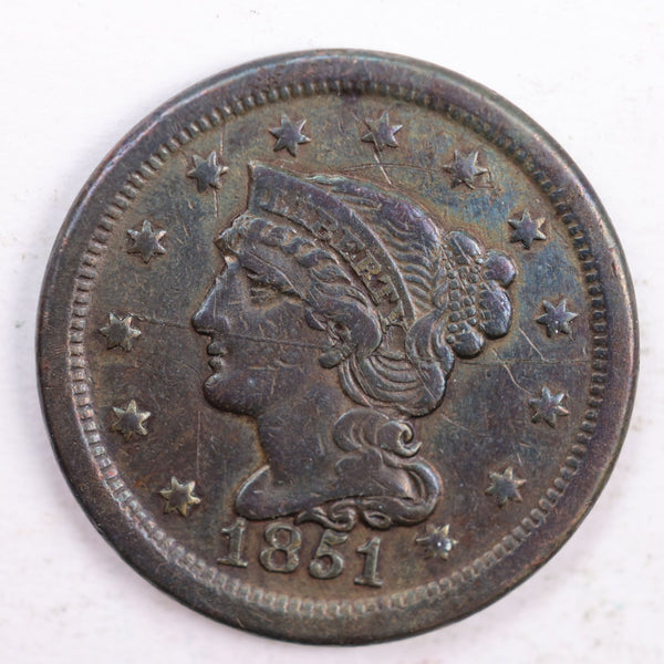 1851 Braided Hair., Large Cent., Very Fine Circulated Coin., Store Sale #CT0161