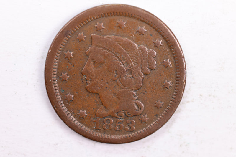 1853 Braided Hair., Large Cent., Very Fine Circulated Coin., Store Sale