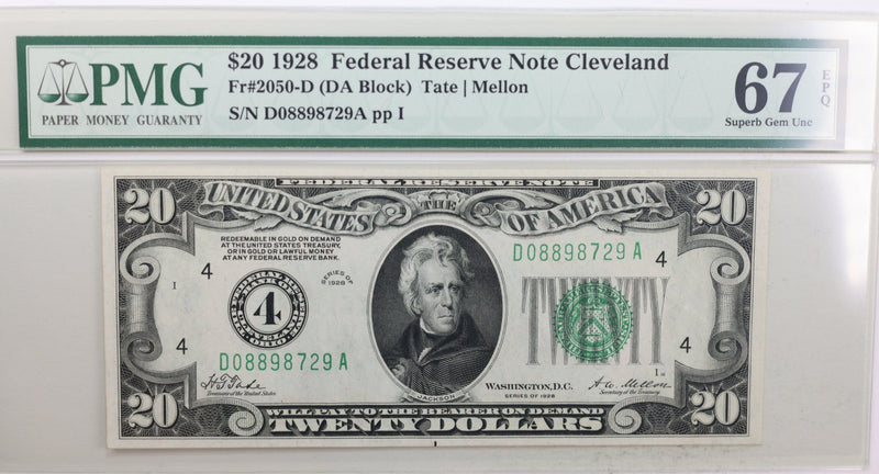 1928 $20 Federal Reserve Note, Cleveland, OH., PCGS CU-67 PPQ., GFRB003