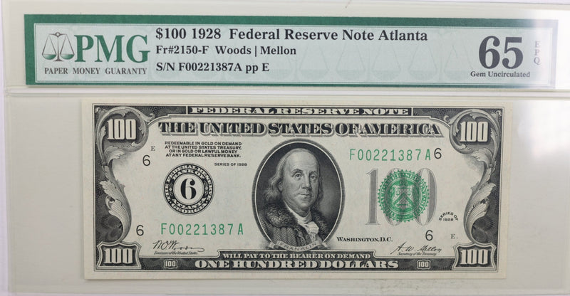 1928 $100 Federal Reserve Note, ATLANTA, GA., PCGS CU-65 EPQ., GFRB005