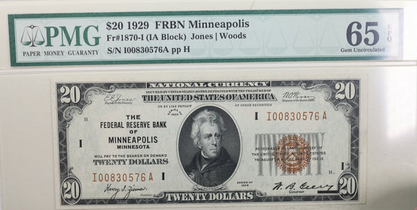 1929 $20 Federal Reserve Note, Minneapolis, MN., PMG CU-65 EPQ., GFRB008