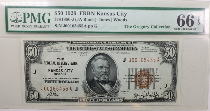 1929 $50 Federal Reserve Note, Kansas City, MO., PMG CU-66 EPQ., GFRB009