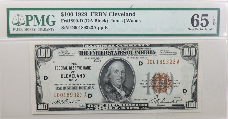 1929 $100 Federal Reserve Note, Cleveland, OH., PMG CU-66 EPQ., GFRB010