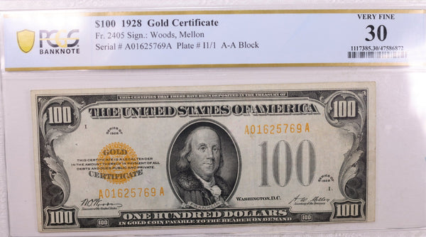 1928 $100., Gold Certificate., PCGS Currency., VF-30., Store # GGC001