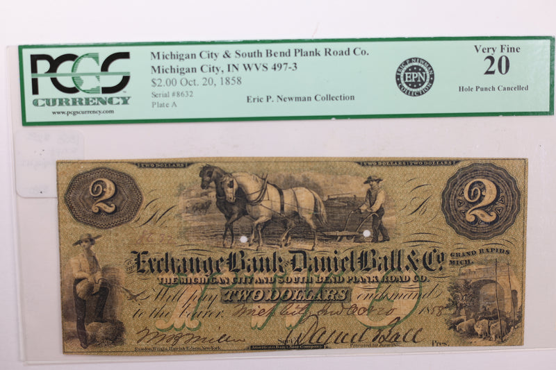 1858 $2., Michigan City, IN., Obsolete., PCGS Currency., VF-20., Store