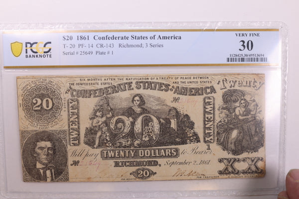 1861 $20., Confederate States., Obsolete., PCGS Currency., VF-30., Store #GCSA005