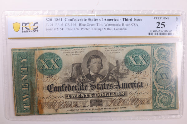 1861 $20., Confederate States., Obsolete., PCGS Currency., VF-25., Store #GCSA007