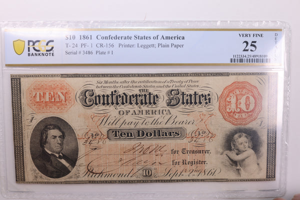 1861 $10., Confederate States., Obsolete., PCGS Currency., VF-25., Store #GCSA008