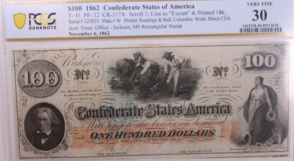 1861 $100., Confederate States., Obsolete., PCGS Currency., VF-30., Store #GCSA009