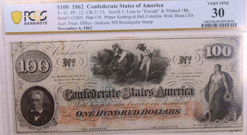 1861 $100., Confederate States., Obsolete., PCGS Currency., VF-30., Store