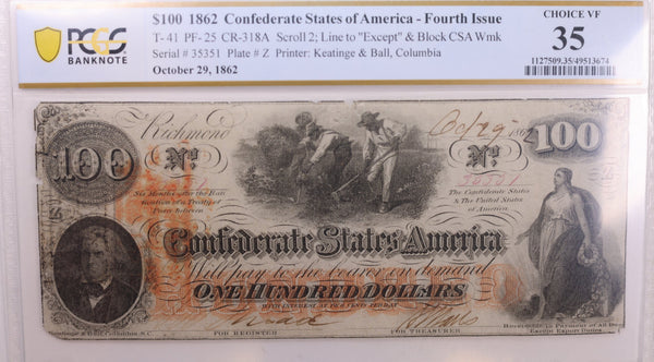 1861 $100., Confederate States., Obsolete., PCGS Currency., VF-35., Store #GCSA011