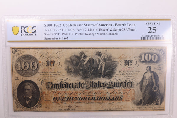 1862 $100., Confederate States., Obsolete., PCGS Currency., VF-25., Store #GCSA013