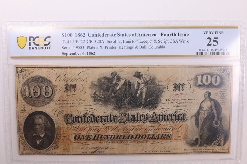 1862 $100., Confederate States., Obsolete., PCGS Currency., VF-25., Store