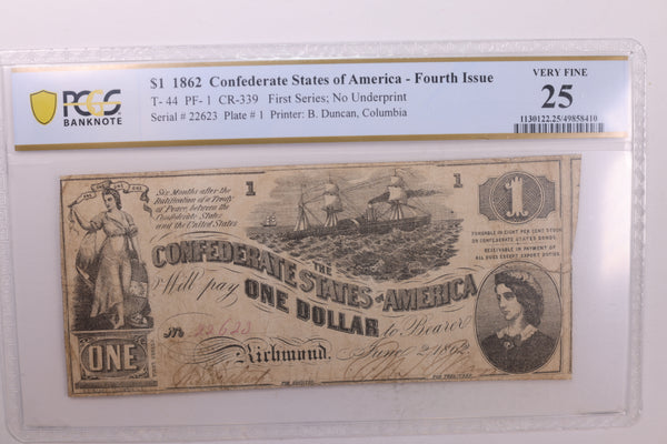 1862 $1., Confederate States., Obsolete., PCGS Currency., VF-25., Store #GCSA015