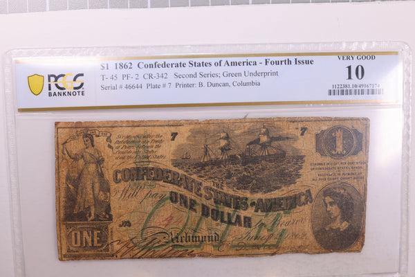 1862 $1., Confederate States., Obsolete., PCGS Currency., VG-10., Store #GCSA016