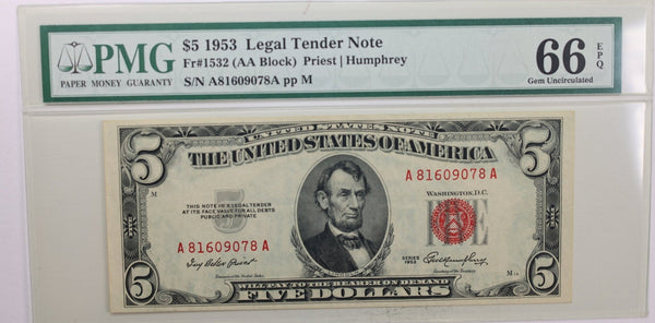 1953 $5., Legal Tender Note., PMG Currency CU-66., EPQ., Store #GLT007