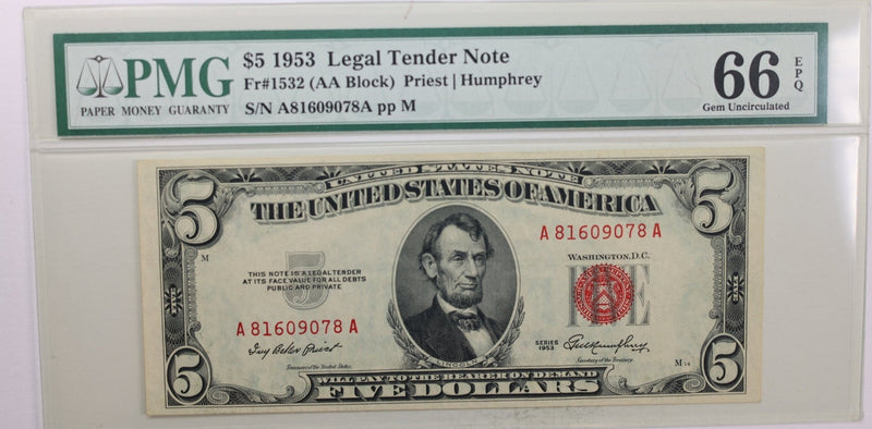 1953 $5., Legal Tender Note., PMG Currency CU-66., EPQ., Store