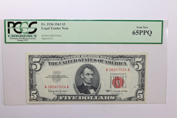 1963 $5., Legal Tender Note., PCGS Currency CU-65., PPQ., Store #GLT008