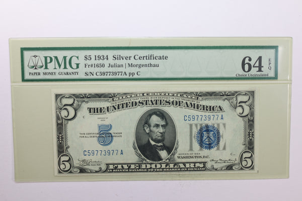 1934 $5., Silver Certificate., PMG Currency CU-64., EPQ., Store #GSC006