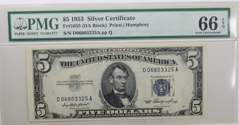 1953 $5., Silver Certificate., PMG Currency CU-66., EPQ., Store