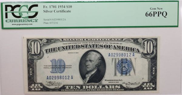 1934 $10., Silver Certificate., PCGS Currency CU-66., PPQ., Store #GSC008