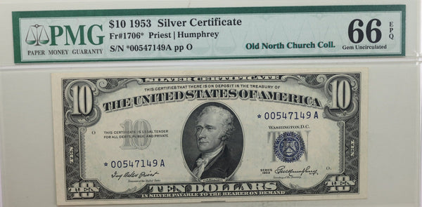 1953 $10 Star Note., Silver Certificate., PCGS Currency CU-66., PPQ., Store #GSC009