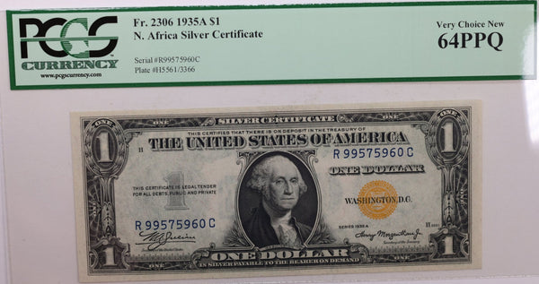 1935A $1., Silver Certificate., "North Africa"., PCGS Currency CU-64., PPQ., Store #GSC012